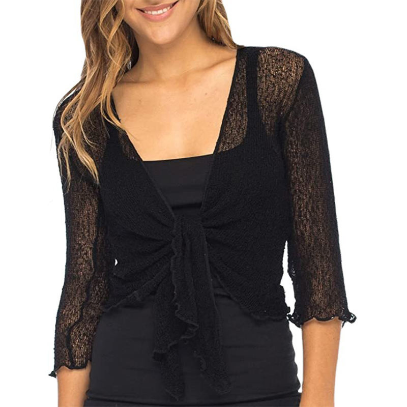 Cárdigan de Corbata de Encogimiento de Hombros de Punto con Cuello en V y Manga Larga Acanalada de Color Sólido para Mujer