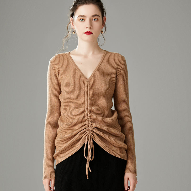 Suéter de Mujer con Cuello en V Suave y Cálido de Lana de Punto de Manga Larga