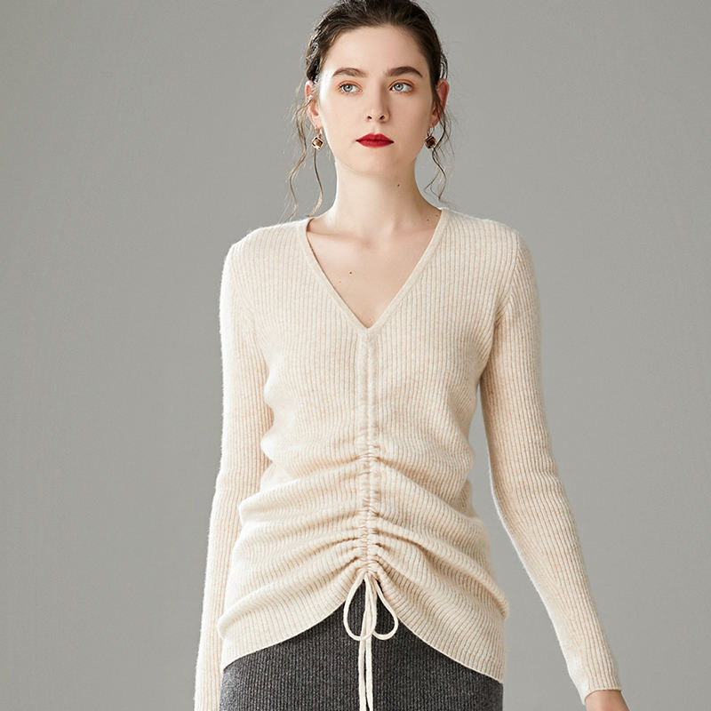 Suéter de Mujer con Cuello en V Suave y Cálido de Lana de Punto de Manga Larga
