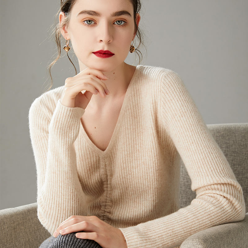Suéter de Mujer con Cuello en V Suave y Cálido de Lana de Punto de Manga Larga