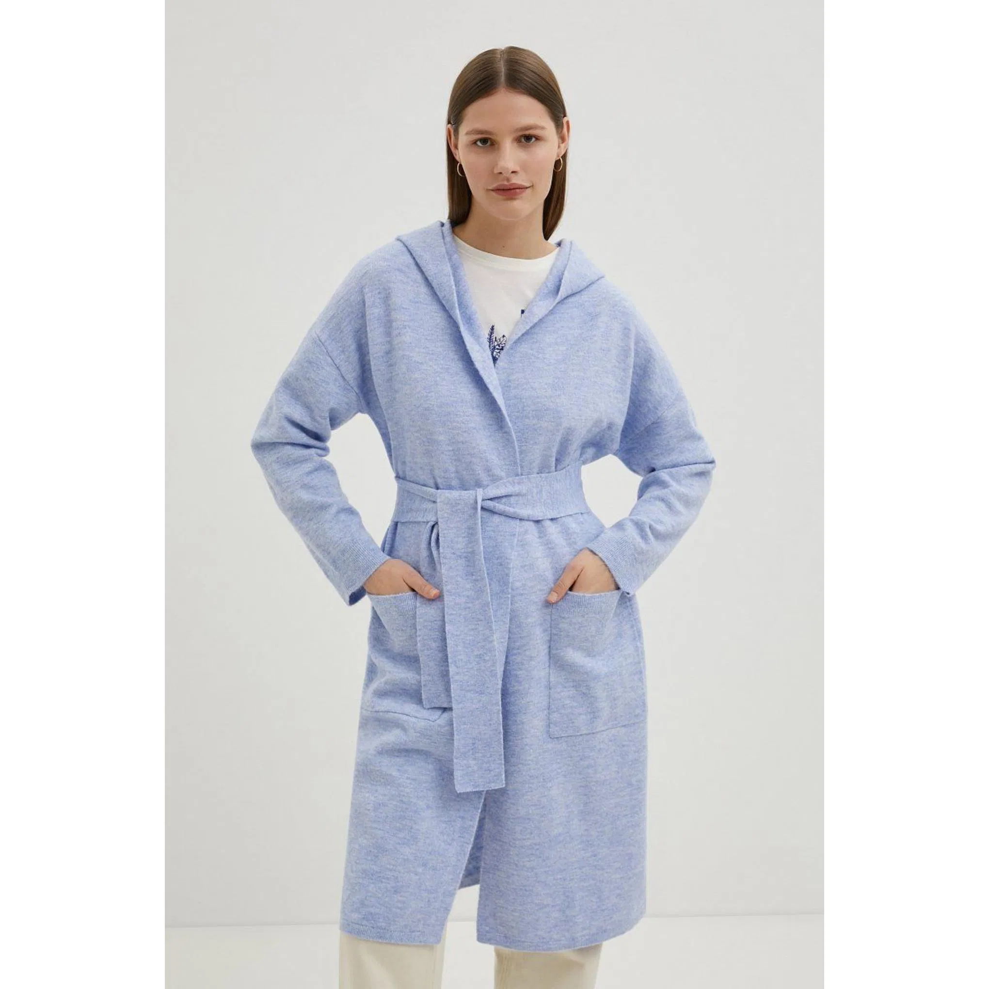 Cárdigan de Mujer de Moda de Otoño Invierno al por Mayor Suéter de corte Largo Prendas de vestir de punto con Cinturón y Capucha