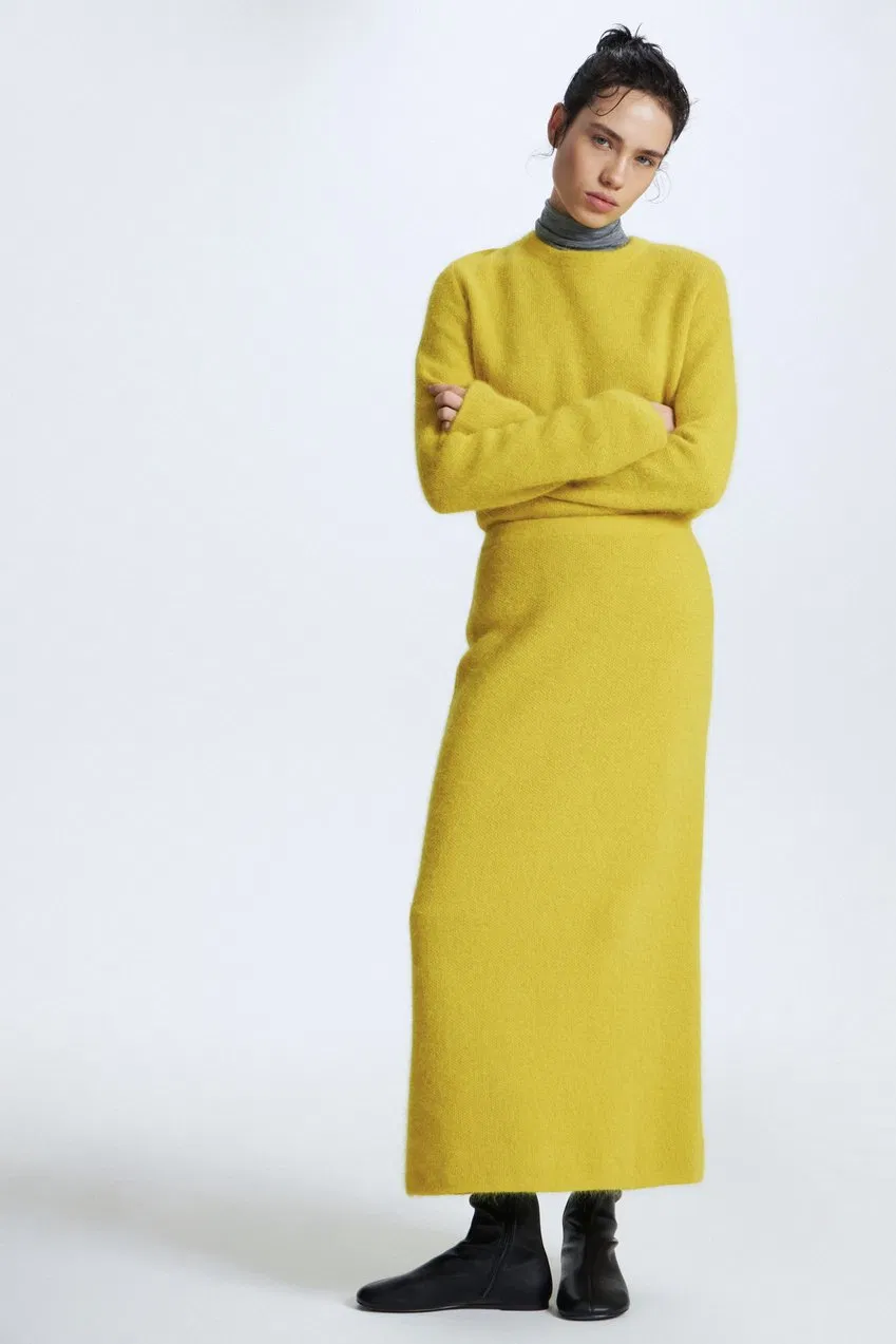 Suéter Cárdigan Ajustado Personalizado de Alta Calidad al por Mayor para Mujer, Conjunto de Dos Piezas con Falda Larga, Suéter de Mezcla de Angora para Mujer