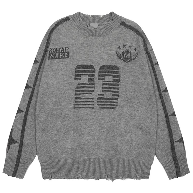Suéter Jacquard Vintage Suéter de Punto de Borde Crudo de Manga Larga con Cuello Redondo para Hombre