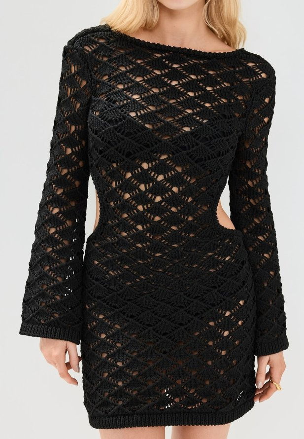 Elegante Vestido de Encubrimiento de Playa de Ganchillo de Manga Larga con Espalda Abierta y Cuello Barco