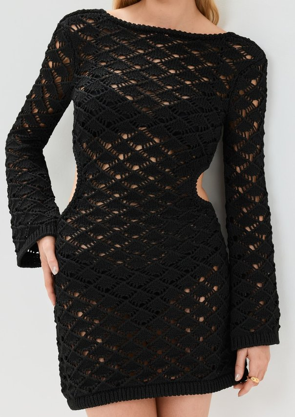 Elegante Vestido de Encubrimiento de Playa de Ganchillo de Manga Larga con Espalda Abierta y Cuello Barco