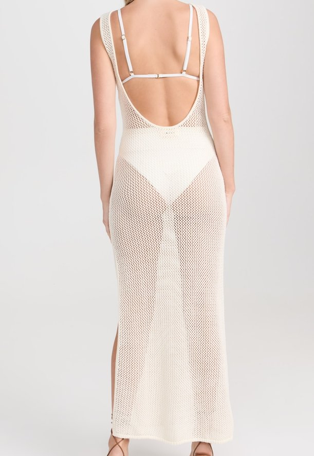 Vestido de Crochet sin Mangas Ligero de Punto Abierto con Cuello Barco Elástico para Mujer, con Abertura Lateral en el Dobladillo