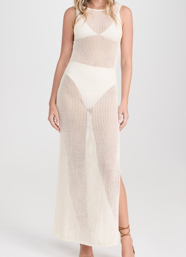 Vestido de Crochet sin Mangas Ligero de Punto Abierto con Cuello Barco Elástico para Mujer, con Abertura Lateral en el Dobladillo