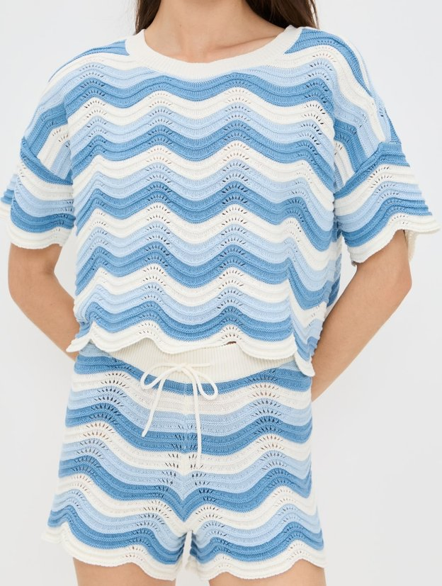 Top de Ganchillo de Manga Corta con Cuello Redondo y Estampado de Ondas de Punto Súper Elástico de Peso Medio para Mujer&prime;s