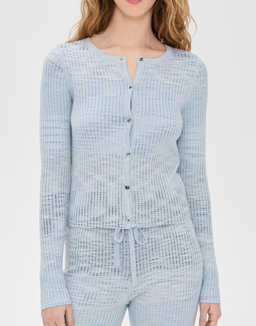 Cárdigan de Manga Larga Ligero de Punto Acanalado de Alto Estiramiento para Mujer, con Tapeta con Botones y Cuello Redondo