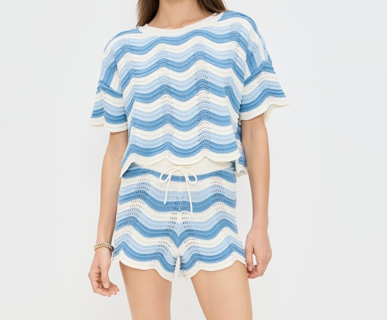 Top de Ganchillo de Manga Corta con Cuello Redondo y Estampado de Ondas de Punto Súper Elástico de Peso Medio para Mujer&prime;s