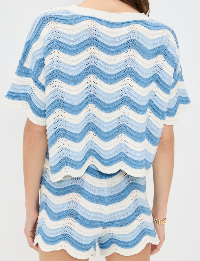 Top de Ganchillo de Manga Corta con Cuello Redondo y Estampado de Ondas de Punto Súper Elástico de Peso Medio para Mujer&prime;s