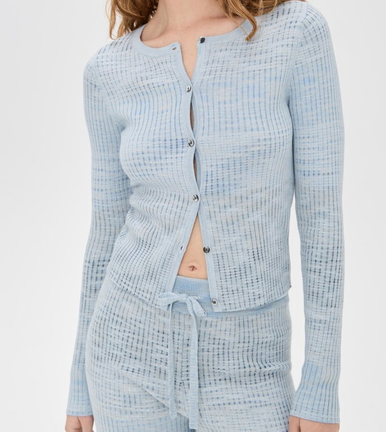 Cárdigan de Manga Larga Ligero de Punto Acanalado de Alto Estiramiento para Mujer, con Tapeta con Botones y Cuello Redondo
