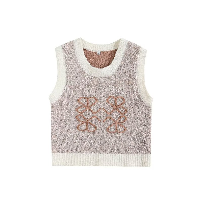 Za Ropa de Mujer′s Chaleco de punto Jacquard Corto Delgado con cuello redondo sin mangas