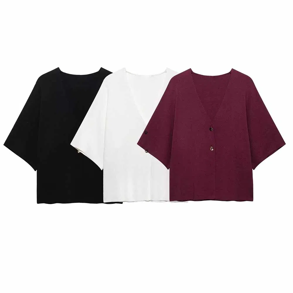 Za Ropa de Mujer y primera Ropa Casual de un solo Pecho con cuello en V Top de punto de manga corta