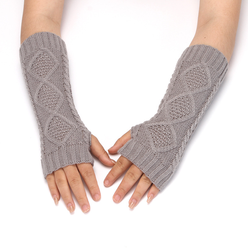 Guantes de Punto de Medio Dedo para Mujer, Guantes Cálidos de Invierno de Lana sin Dedos, Calentadores de Brazo Largos, Guantes de Medio Dedo con Patrón de Diamantes