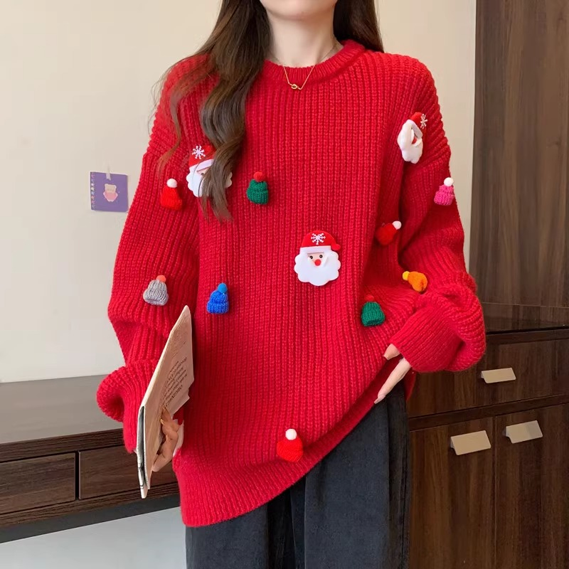 Jersey de Cuello Redondo Alce Feo Copo de Nieve Feliz Navidad Señoras Niñas Ropa Suelta Tops de Punto Suéteres de Navidad para Mujer