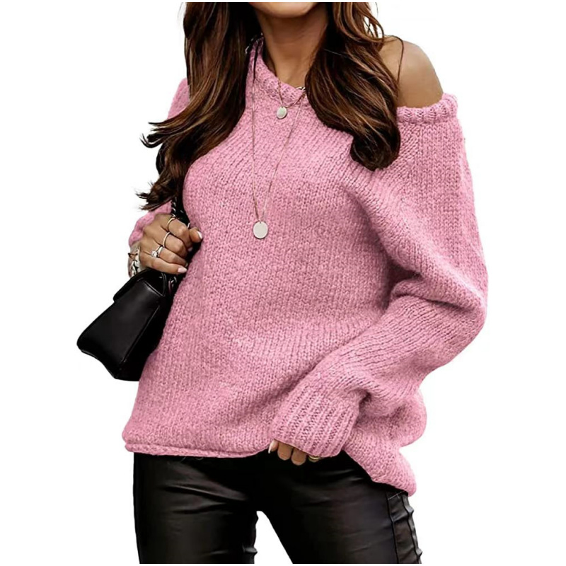 Otoño e Invierno Suéter de Cuello Redondo Sexy con Hombros Descubiertos de Punto de Color Sólido Suéter Informal Suelto para Mujer