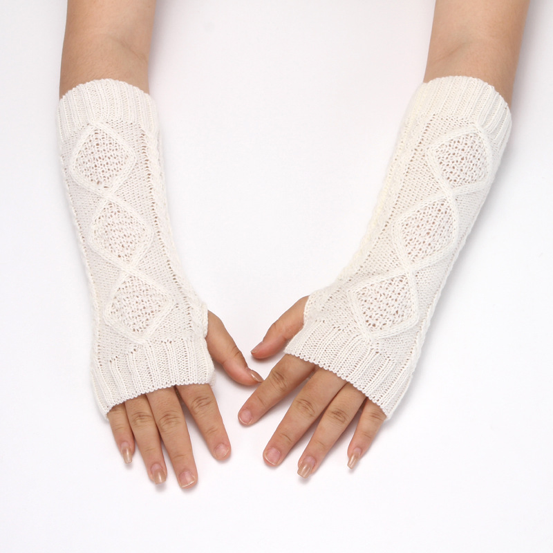 Guantes de Punto de Medio Dedo para Mujer, Guantes Cálidos de Invierno de Lana sin Dedos, Calentadores de Brazo Largos, Guantes de Medio Dedo con Patrón de Diamantes