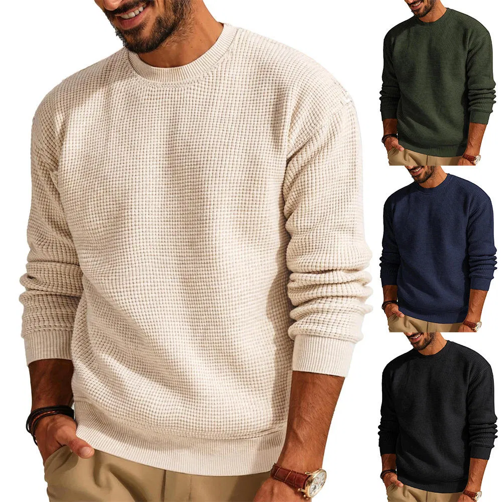 Suéter Informal de Invierno con Cuello Redondo y Gofres para Hombre, Nuevo Suéter Cómodo de Color Sólido con Logotipo Frontal
