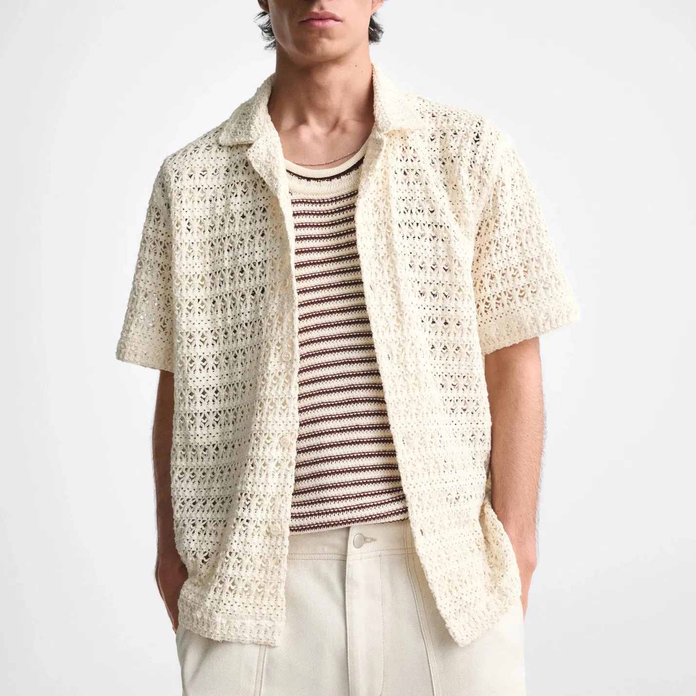Cárdigan Suéter de Camisa de Punto de Ganchillo Ahuecado de un solo Pecho de Manga Corta de Verano para Hombre 2023