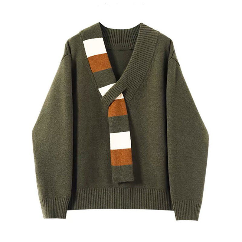 Suéter de Punto a Rayas de Dos Piezas con Cuello en V de Estilo Perezoso Coreano Otoño Invierno