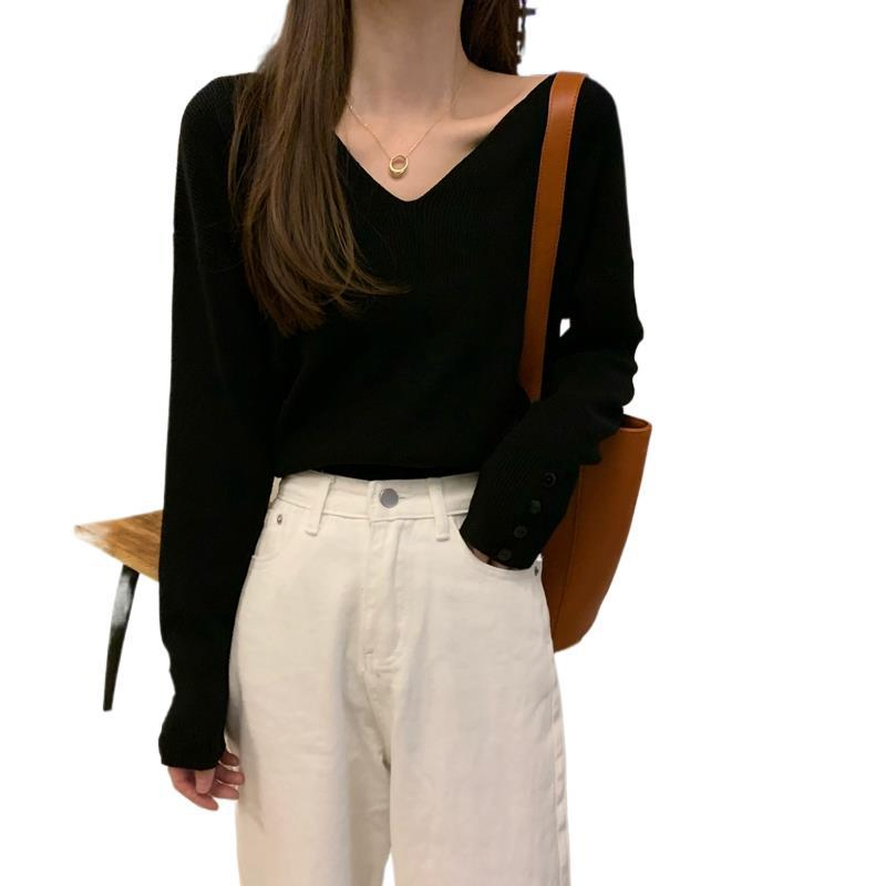 Suéter de Color Sólido Personalizado Para Mujer, Jersey de Punto de Manga Larga con Cuello en V para mujer, Prendas de punto