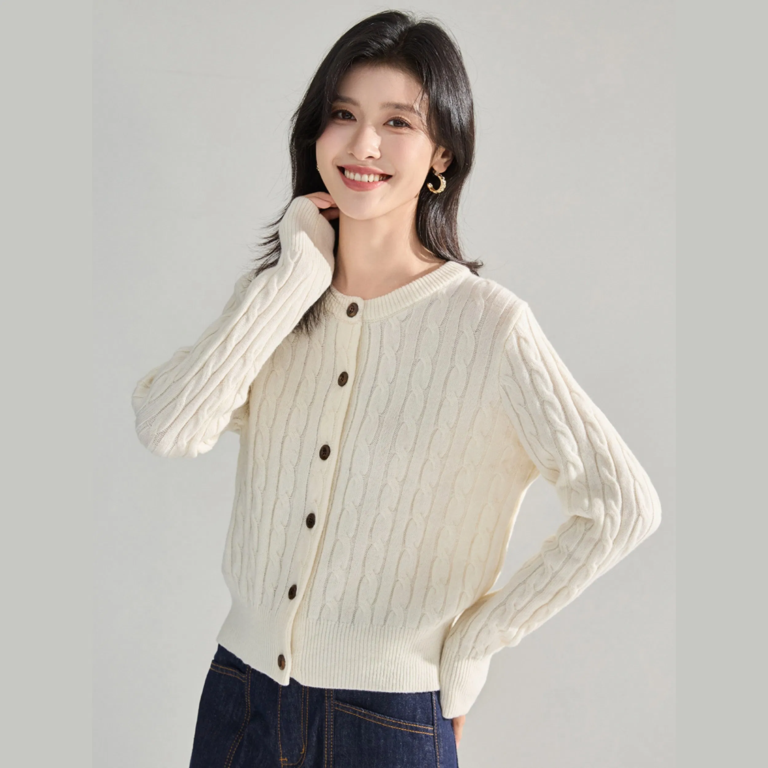 25 Otoño Nuevo Cárdigan Suelto de Punto de Moda para Mujer&prime;s - Top corto con puntada de cable