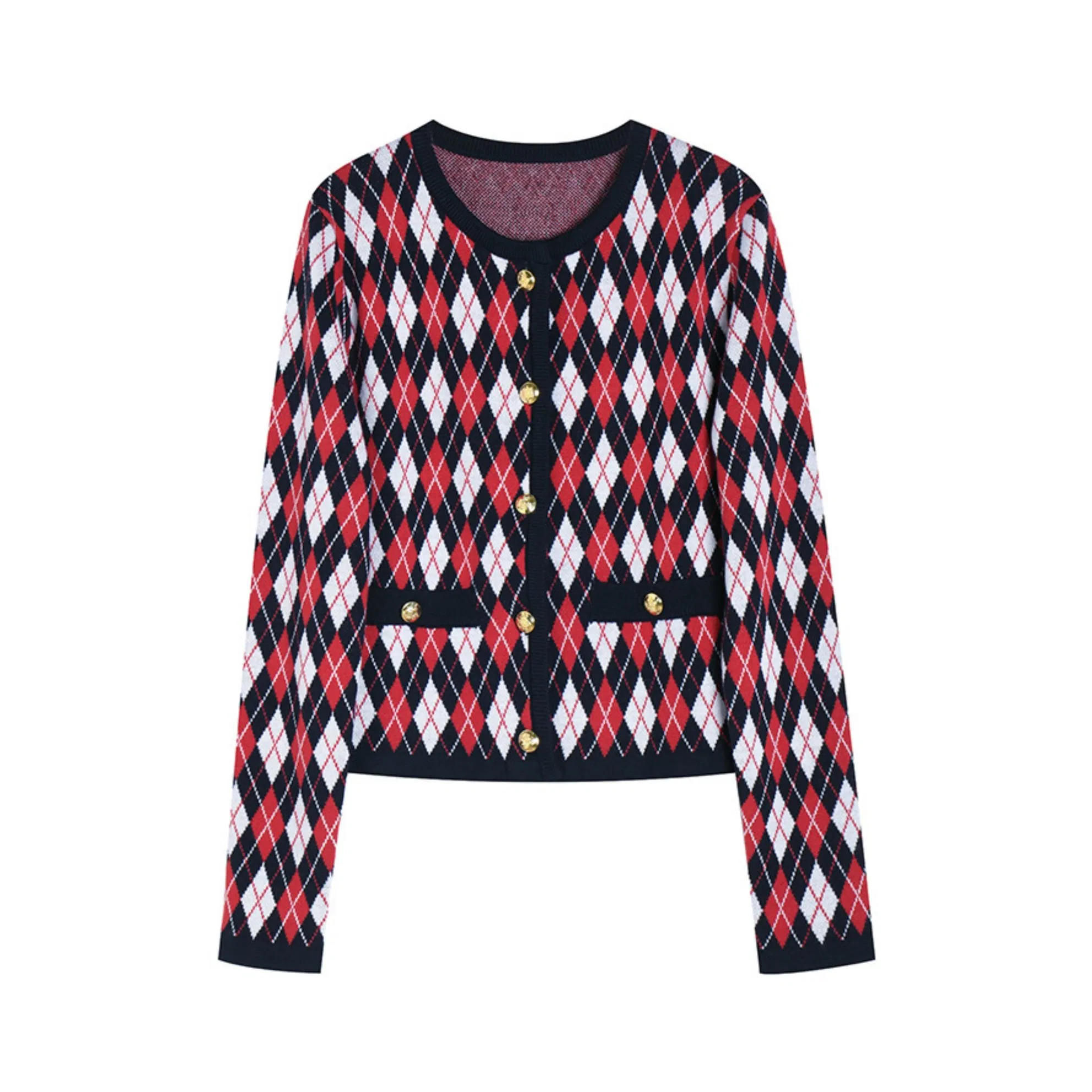 25 Otoño Cárdigan de Punto de Lana de Manga Larga con Patrón de Diamantes Rojos Vintage Suéter de Cuello Redondo