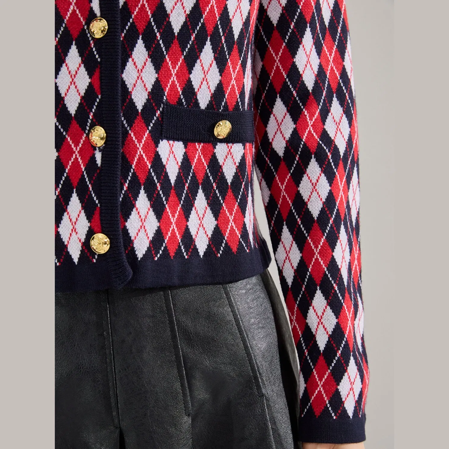 25 Otoño Cárdigan de Punto de Lana de Manga Larga con Patrón de Diamantes Rojos Vintage Suéter de Cuello Redondo