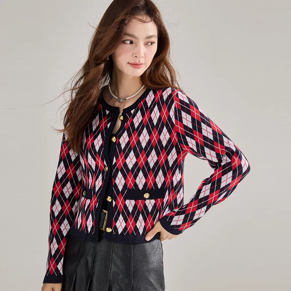 25 Otoño Cárdigan de Punto de Lana de Manga Larga con Patrón de Diamantes Rojos Vintage Suéter de Cuello Redondo