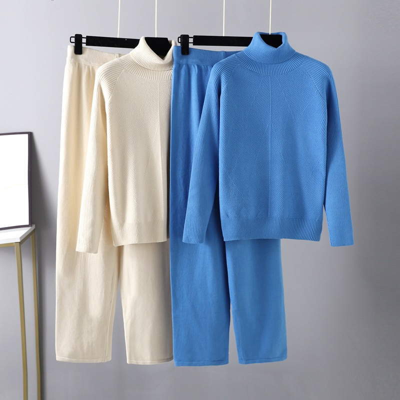 Traje de Punto de Color Sólido Suéter de Otoño Invierno + Pantalones Casuales con Cordones + Conjunto de Suéter de Cuello Alto para el Hogar
