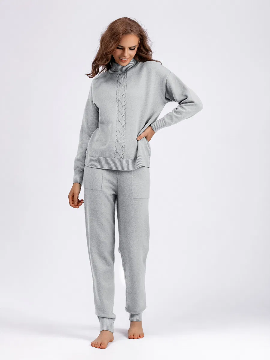 Ropa de Mujer Otoño Invierno Pantalones Twist Casual Cuello Falso Manga Larga Conjunto de Suéter Acogedor