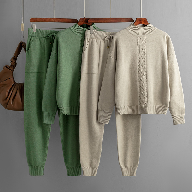 Ropa de Mujer Otoño Invierno Pantalones Twist Casual Cuello Falso Manga Larga Conjunto de Suéter Acogedor