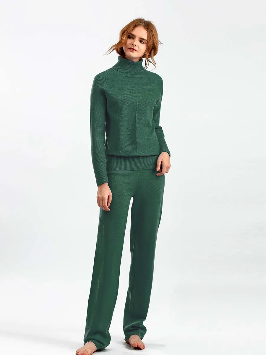 Traje de Punto de Color Sólido Suéter de Otoño Invierno + Pantalones Casuales con Cordones + Conjunto de Suéter de Cuello Alto para el Hogar