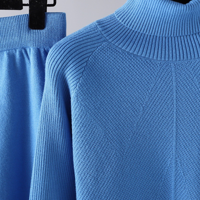 Traje de Punto de Color Sólido Suéter de Otoño Invierno + Pantalones Casuales con Cordones + Conjunto de Suéter de Cuello Alto para el Hogar