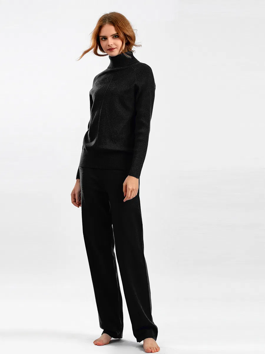 Traje de Punto de Color Sólido Suéter de Otoño Invierno + Pantalones Casuales con Cordones + Conjunto de Suéter de Cuello Alto para el Hogar