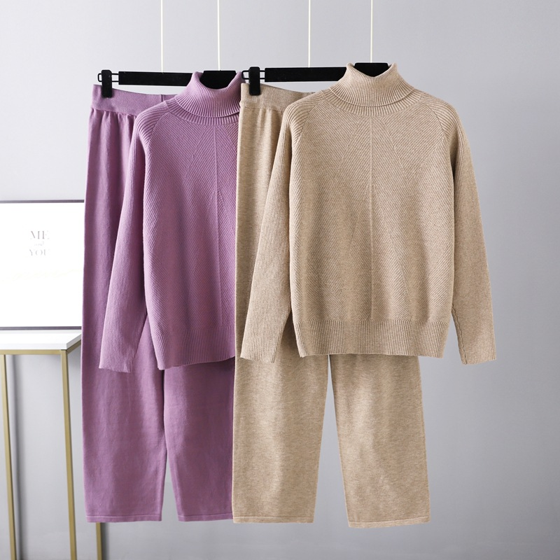 Traje de Punto de Color Sólido Suéter de Otoño Invierno + Pantalones Casuales con Cordones + Conjunto de Suéter de Cuello Alto para el Hogar