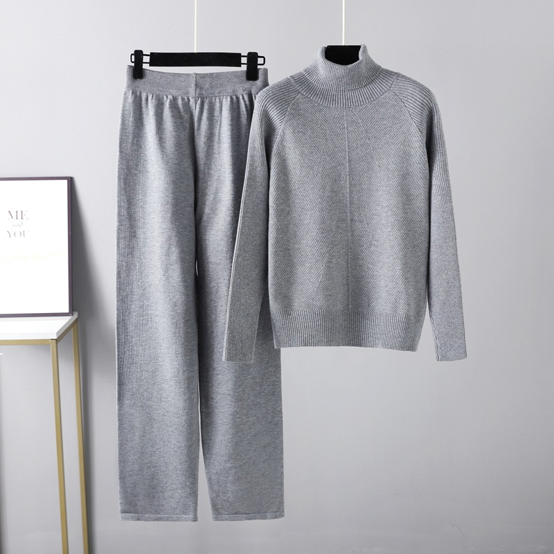 Traje de Punto de Color Sólido Suéter de Otoño Invierno + Pantalones Casuales con Cordones + Conjunto de Suéter de Cuello Alto para el Hogar