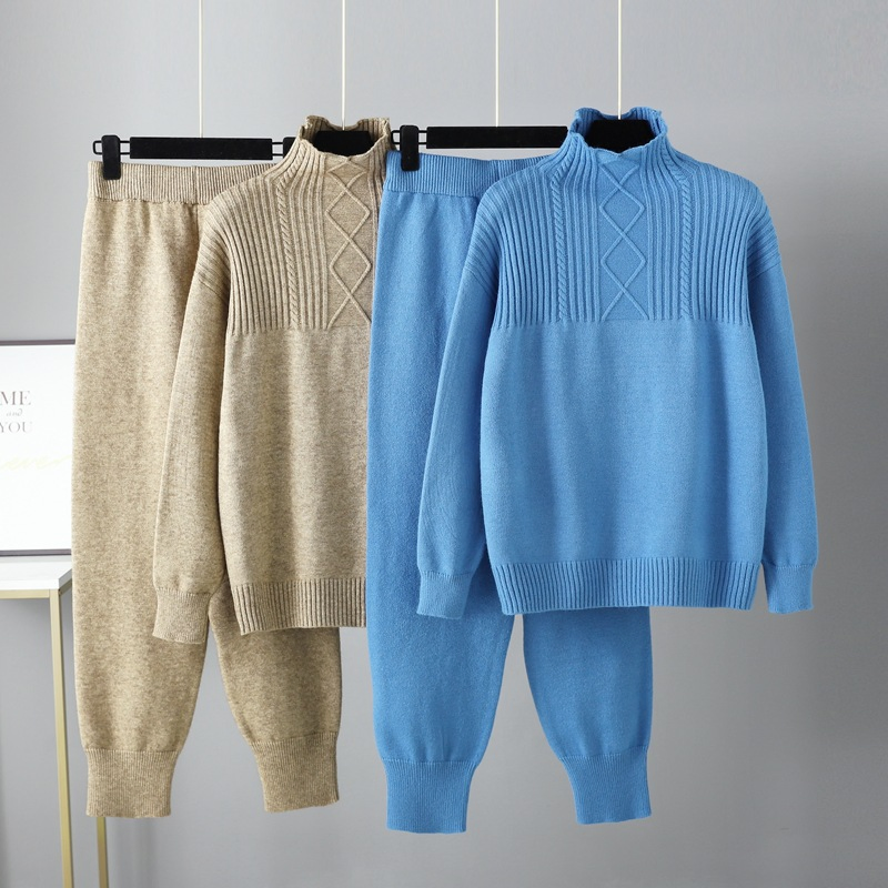 Casual Suelto Otoño Invierno Pantalones de Punto Suave Traje de Mujer de Cuello Alto Cálido Acogedor Conjunto de Suéter Clásico