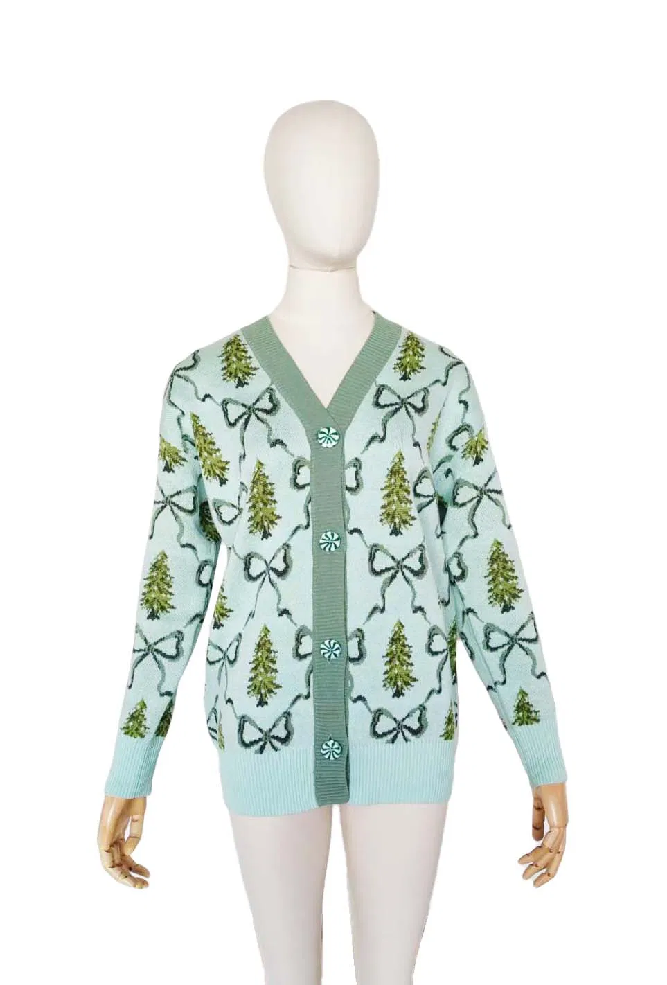 Cárdigan de Suéter Jacquard con Ropa Navideña de Fiesta de Árboles Verdes Navideños