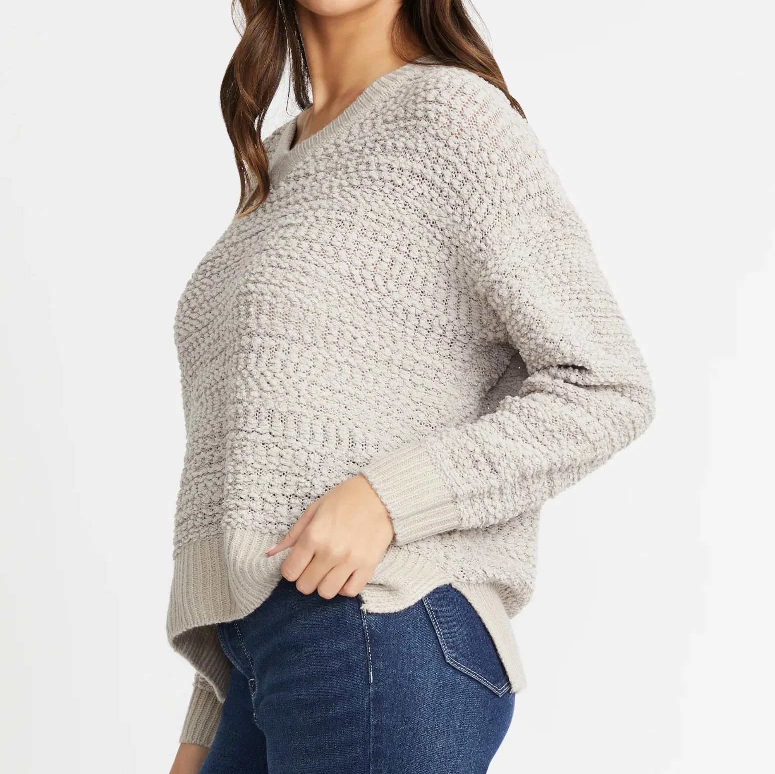 Suéter de Palomitas de Maíz Acogedor con Textura Jersey de Punto de Palomitas de Maíz con Cuello en V