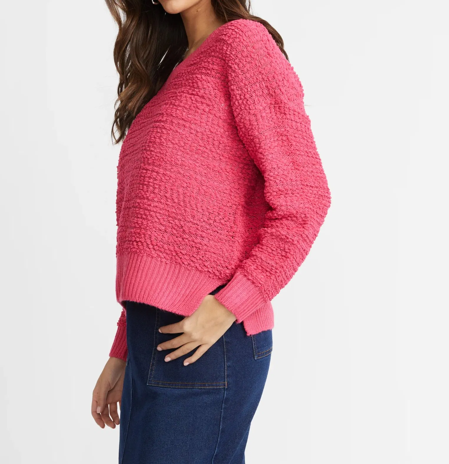 Suéter de Palomitas de Maíz Acogedor con Textura Jersey de Punto de Palomitas de Maíz con Cuello en V