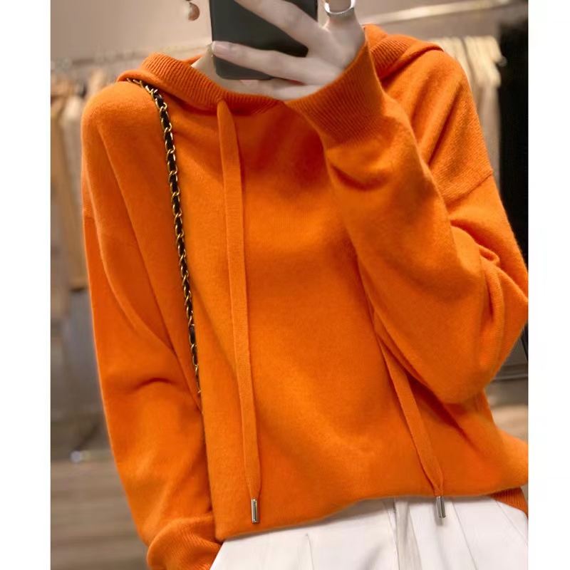 Suéter de Mujer Suave con Capucha de Cachemira Lisa de Lana Pura para Mujer