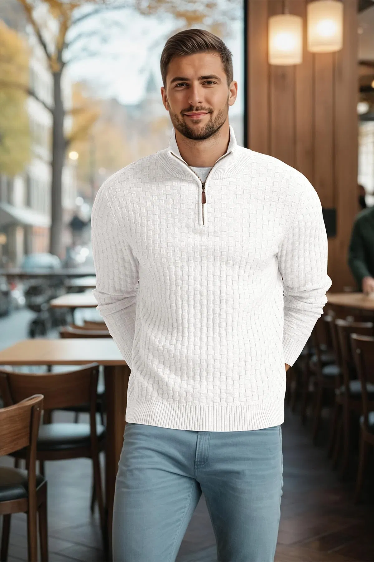 Logotipo Bordado Personalizado Suéter con Cremallera en el Cuarto de los Hombres Suéter de Punto con Gofres Suéter de Polo con Cuello falso Suéteres casuales