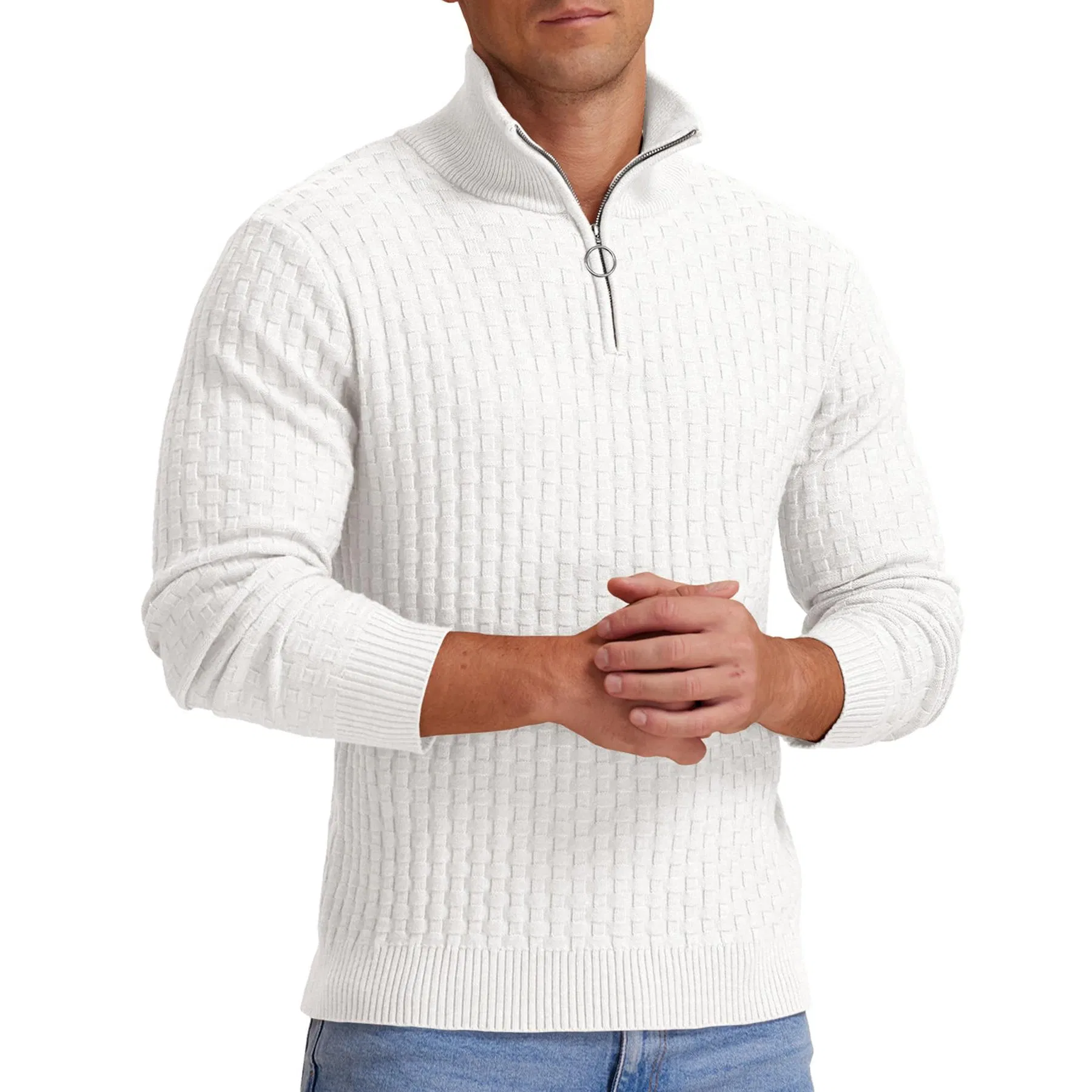 Logotipo Bordado Personalizado Suéter con Cremallera en el Cuarto de los Hombres Suéter de Punto con Gofres Suéter de Polo con Cuello falso Suéteres casuales
