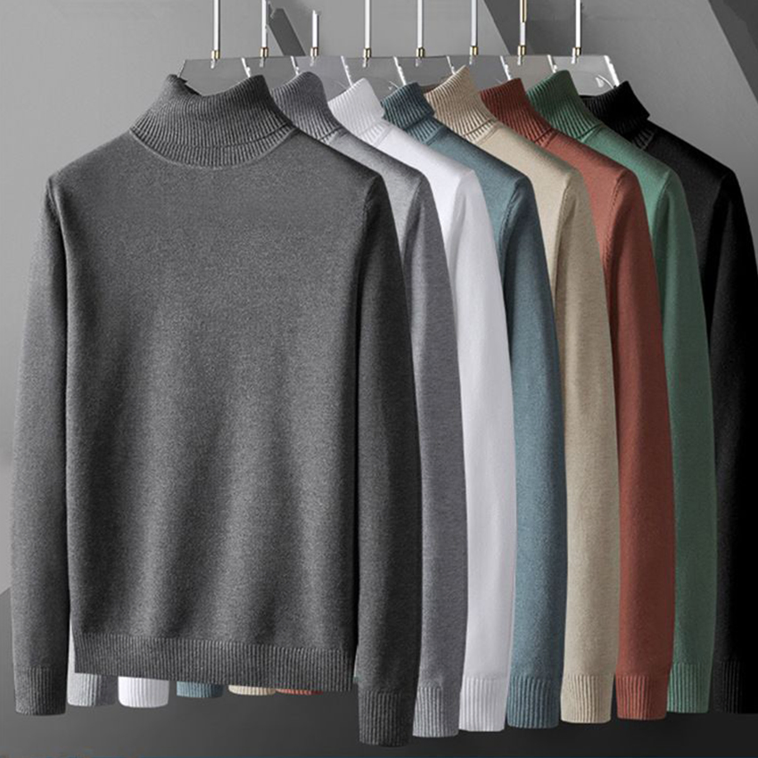 Venta al por mayor Men′s Fashion Keep Warm Suéter de cuello de hilo de lana de alta calidad Suéteres de cuello alto lisos con logotipo personalizado para hombres