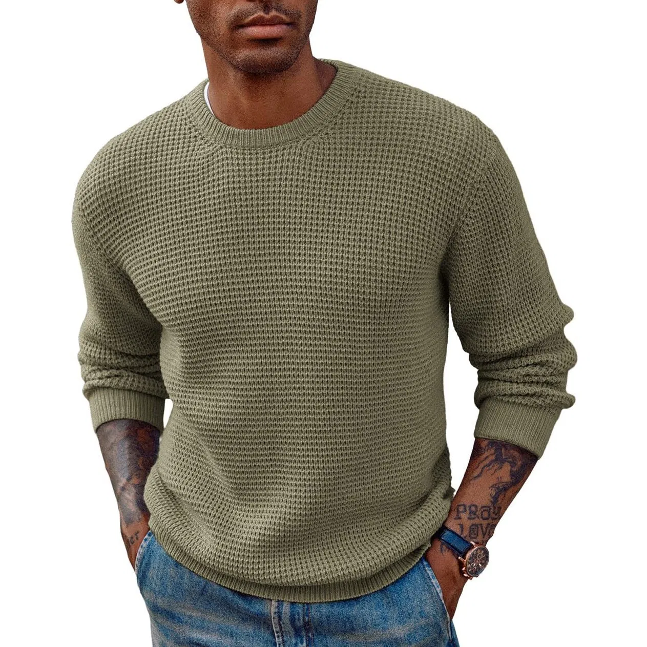 Suéter de Cuello Redondo Para Hombre Personalizado de Fábrica de Ropa Suéteres de Punto de Manga Larga con Textura de Gofres