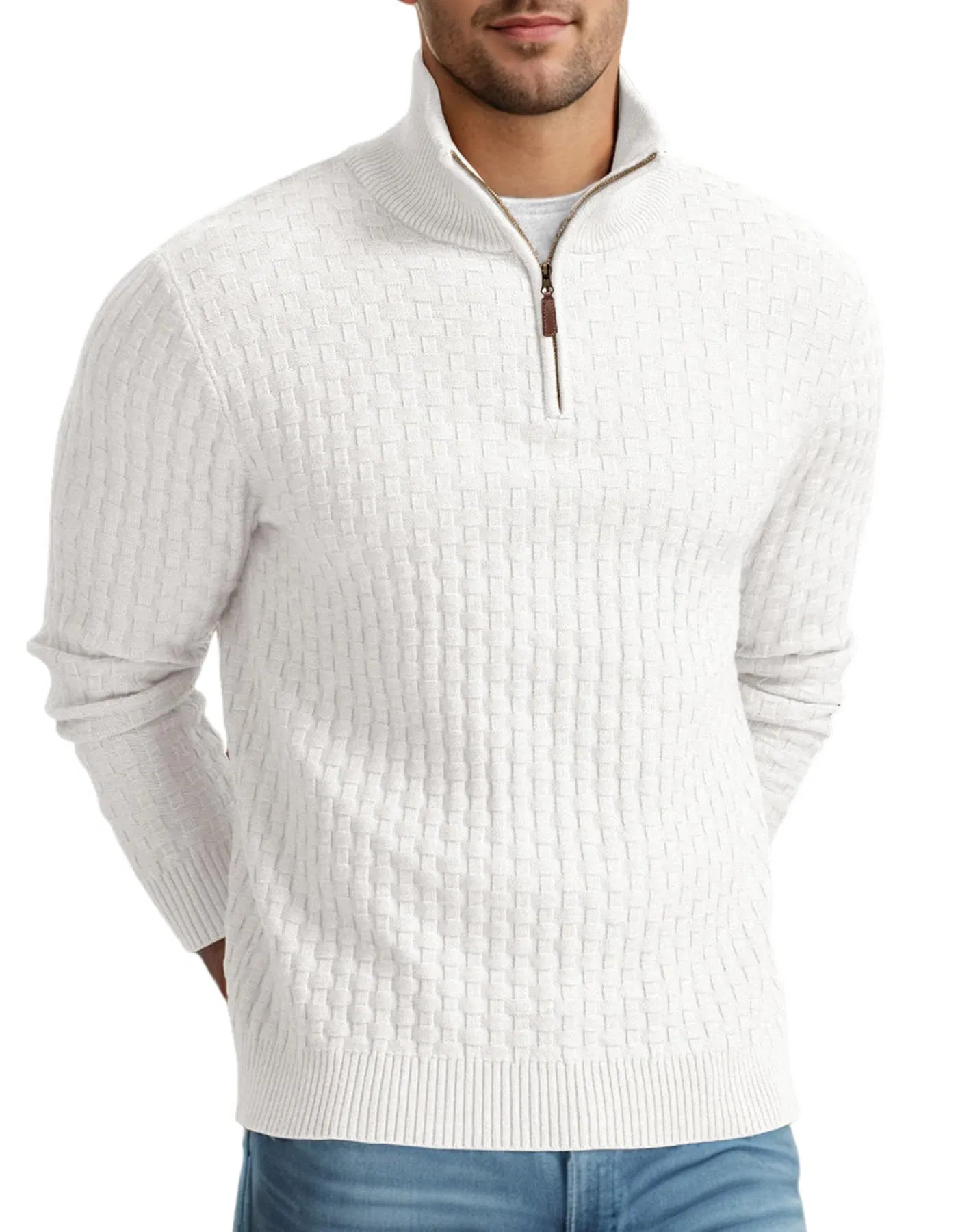 Logotipo Bordado Personalizado Suéter con Cremallera en el Cuarto de los Hombres Suéter de Punto con Gofres Suéter de Polo con Cuello falso Suéteres casuales