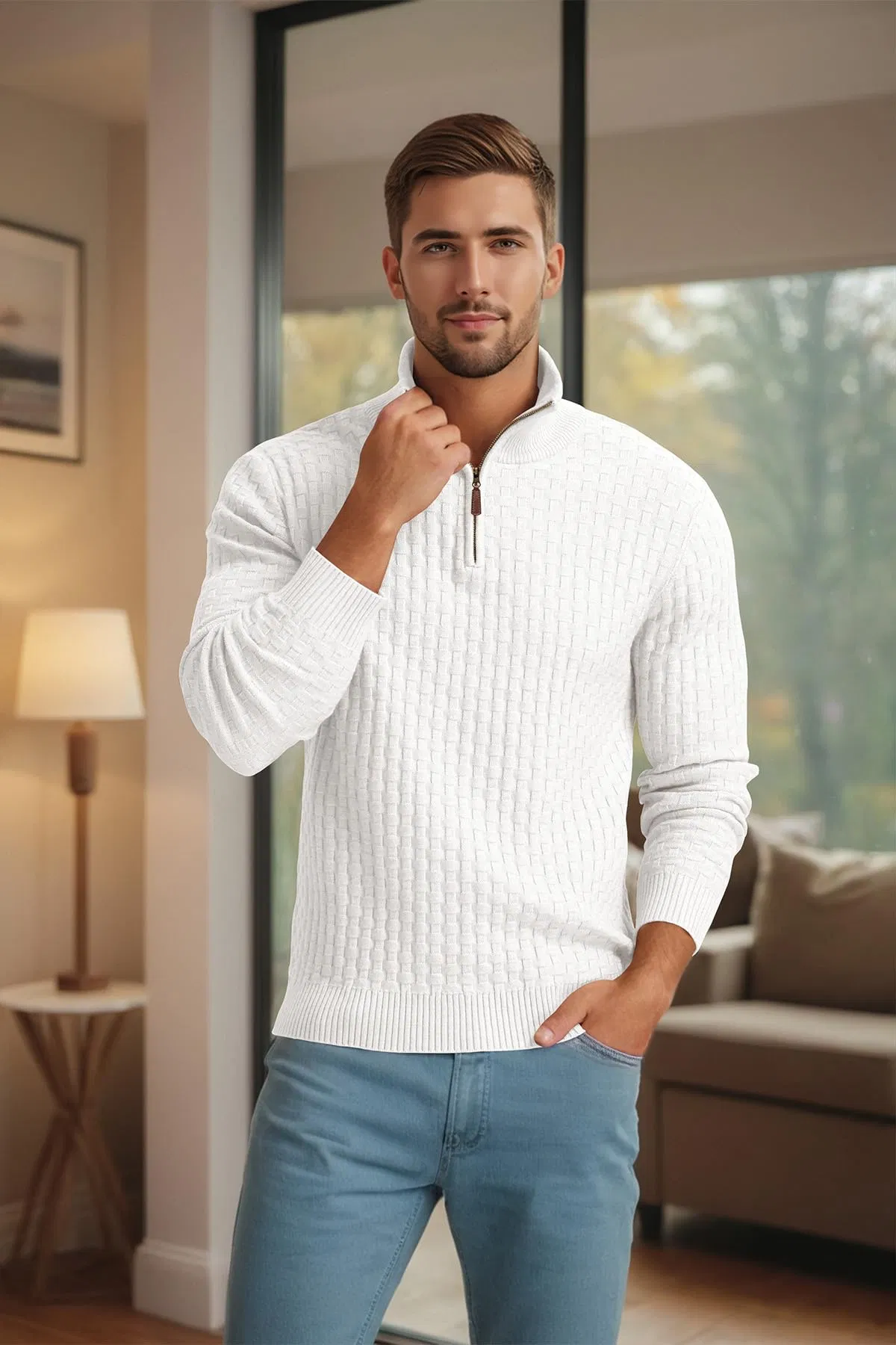 Logotipo Bordado Personalizado Suéter con Cremallera en el Cuarto de los Hombres Suéter de Punto con Gofres Suéter de Polo con Cuello falso Suéteres casuales