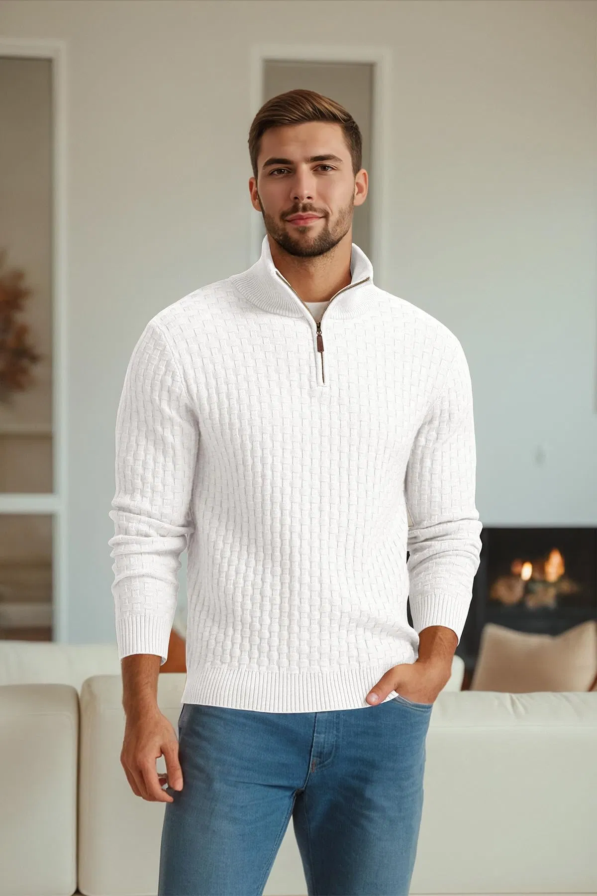 Logotipo Bordado Personalizado Suéter con Cremallera en el Cuarto de los Hombres Suéter de Punto con Gofres Suéter de Polo con Cuello falso Suéteres casuales